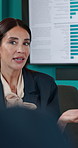 Coaching, explain and finance with manager woman in office boardroom for stock market trading. Advice, infographic and tablet with mature financial employee in corporate workplace for investment