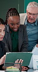 Business, people and meeting with tablet in office for discussion, finance report and budget plan. Staff, talking and digital with teamwork, financial feedback and information on investment procedure