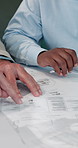 Business people, hands and meeting with documents for planning or building layout in office. Closeup, employees or team pointing with paperwork for company budget or investment strategy in workplace