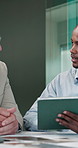 Business, men and meeting with tablet in office for discussion, finance report and budget plan. People, talking and audit team with digital, financial feedback and information for investment solution