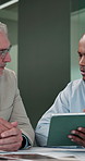 Business, men and talking with tablet in office for discussion, finance report and budget plan. People, meeting and audit team with digital, financial feedback and information for investment solution