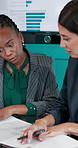 Document, business women and team talk in office meeting for building layout, stats or budget. Collaboration, paper and planning with investor at work for construction funding, finance kpi or chart
