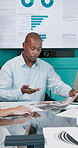 Graph, finance and business people with documents in meeting for budget review, revenue and investment. Corporate, team and man with paperwork, chart and statistics for financial report in office