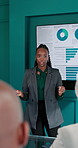 Business woman, presentation or meeting with screen for statistics, performance or review in office. Female person, employee or discussion with team, graph or chart for company analytics in workplace