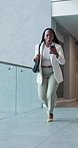 Phone, running and urgent with business black woman in workplace hallway for delay or rushing. Alert, hurry and late with employee person in corridor of office for appointment, meeting or schedule