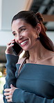 Smile, business and woman with phone call in office for discussion, contact editor and approval. Happy, journalist and talking with mobile to interview source, story feedback and chat for publication
