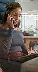 Window, phone call and businesswoman with tablet in office for research with contact for finance deal. Technology, communication and financial manager on mobile discussion for investment negotiation.