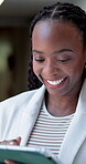 Smile, business and black woman with tablet in office for research, email editor and story approval. Journalist, reading and digital for editing draft, funny feedback and proofreading for publication