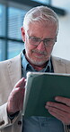 Smile, tablet and research with business man in office for event planner, gallery coordinator and news. Reading, museum host and notification with mature person for expo and showroom planning