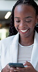 Texting, employee and woman with smartphone, office and chatting with contact for story and creative. Happy, black person or communication with tech to schedule meeting, journalist and message on web