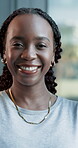 Face, business and black woman with smile in office for vision, career pride and article author. Portrait, person and thinking with about us, reporter ambition and employee confidence for publication