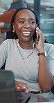Laugh, phone call and creative business woman with update for blog, newsletter or communication. Mobile, copywriter and talk to contact in office for article feedback, story or funny joke with laptop