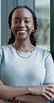 Face, business and black woman with arms crossed in office for vision, career pride and article author. Portrait, person and thinking for about us, reporter ambition and employee confidence at agency