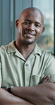 Face, business and black man with arms crossed in office for vision, career pride and article author. Portrait, male person and thinking with about us, ambition and employee confidence of publication