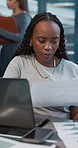 Data analysis, paperwork and woman with laptop, office or typing info on website, reading and graphs. Happy, accountant and black person with financial report for wealth management, review and online