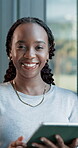 Tablet, face and research with business black woman in office for journalist report, online campaign and writer. Editor feedback, manuscript review and story with person in agency for newsletter