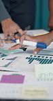 Business people, hands and discussion with paper, graphs or product selling report for investment. Team, document and chart in meeting for sales review, financial planning or data analysis in office