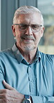 Face, business and man with arms crossed in office for vision, career pride and article author. Portrait, mature person and thinking with about us, reporter ambition and employee confidence at agency