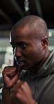 Boxing, fitness and black man in gym for exercise, workout or MMA challenge with power. African person, boxer and punch for combat sports, fight practice and martial arts training for self defense