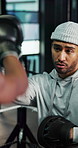 Fitness, pads or sports with coach and boxer in gym for improvement or training. Combat, power or technique with athlete and personal trainer in boxing ring together for intense exercise or workout