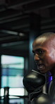 Fitness, kickboxing and men in gym for exercise, technique or cardio workout with partnership. Sports, gloves and male athlete with coach for training, challenge or performance for self defense.