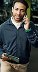 Phone call, personal trainer or man in gym with tablet, client advice or workout plan for fitness goals. Discussion, instruction or sports coach in health club for job, motivation or digital schedule