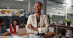 Face, laughing and woman with arms crossed in office, happy and career growth for reporter in media. Creative, journalist and person with smile for ambition in newsroom, press or employee in New York