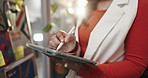 Tablet, hands and businesswoman in office with research for creative project for publishing. Digital technology, stylus and female magazine editor writing for planning with article in workplace.