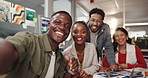 Business, selfie and people in workplace, teamwork and graphic design with cooperation. Group, creative agency and employees with internet, about us and profile picture for company website and smile