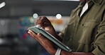 Creative, hands or employee with tablet in office for campaign brief, review logo design or night. Man, graphic designer and tech at advertising agency for project deadline, brand guidelines or bokeh