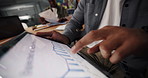Hands, business person and tablet screen with chart, performance stats or financial metrics. Tech, display or consultant with data in meeting for investment analysis, forecast or scroll kpi in office
