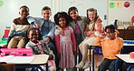 Face, children and hug with smile in classroom for learning, support and bonding together. Portrait, kids and embrace with students for education trust, kindergarten friends and childhood development