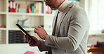 Hands, man and teacher with tablet in class for attendance, lesson plan and assignment results. Mature person, educator and digital app with course schedule, curriculum information and test feedback
