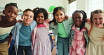 Face, happy and children with hug in classroom for learning, support and bonding together. Portrait, kids and embrace with students for education trust, kindergarten friends and childhood development