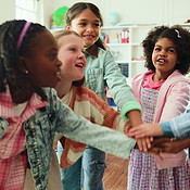 Hand Unity Activity Happy children, students and unity with hands together in huddle for ...