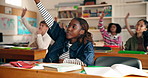 Woman, students and raised hand in class for question, participation and problem solving. Learner, asking and educator attention with quiz answer, learning solution and feedback for education lesson