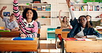 Girl, raised hand and answer in classroom with learning, quiz and attention for lesson at high school. Pupil, teenager and thinking with gesture, education or problem solving for question at academy
