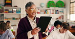 Smile, woman and teacher on tablet in class for students attendance, lesson plan or assignment results. Mature person, review and digital for course schedule, curriculum information and test feedback