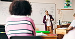 Classroom, teacher and woman with students, education and biology lesson on whiteboard and teaching. Talking, educator and explanation for plant cell, knowledge and communication in high school