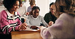 Group, classroom and students in discussion with notes for collaboration, learning and education. University, college and people talking for knowledge, assignment and lesson feedback at school