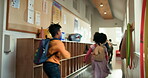 Running, education and back of students in school for knowledge, study period and learning. Scholarship, growth and class schedule with group of kids on campus for child development and friends