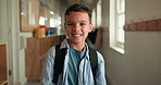 Happy, backpack and face of child at school with confidence for education, learning or development. Smile, student and portrait of boy kid from Mexico with pride for academic growth at campus.