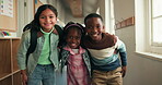 Hug, education and face of students in school for knowledge, study period and learning. Scholarship, growth and class schedule with group of kids on campus for child development and friends