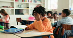 Classroom, thinking and child frustrated for writing answer in test, math quiz and counting in lesson. Academy, school and student with stress, anxiety and upset for education, learning and knowledge