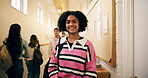Education, face and smile of student girl in school corridor for development, learning or study. Future, growth and knowledge with happy teen scholar in hallway of academy for course or opportunity