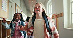Running, education and holding hands with friends in school for knowledge, study period and learning. Scholarship, growth and class schedule with group of kids for child development and students
