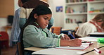 Class, writing and children with paper at school for education, child development and lesson. Academy, students and kids with notes for learning literacy skills, knowledge and studying for growth
