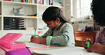 Learning, writing and kids in classroom with books for skills, child development and knowledge. Students, elementary school and girls drawing for education, studying and creative lesson for growth
