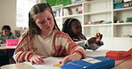 Stationery, writing and kids in class with books for learning, child development and knowledge. Students, elementary school and girls drawing for education, studying and creative lesson for growth