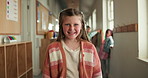 Happy, education and face of kid at school with confidence for scholarship, learning or development. Smile, student and portrait of girl child with pride for academic, study or growth at campus.